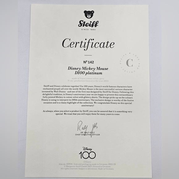Disney 100 Steiff - Platinum Mickey Mouse 12" Collectible Teddy Bear - Picture 12 of 15